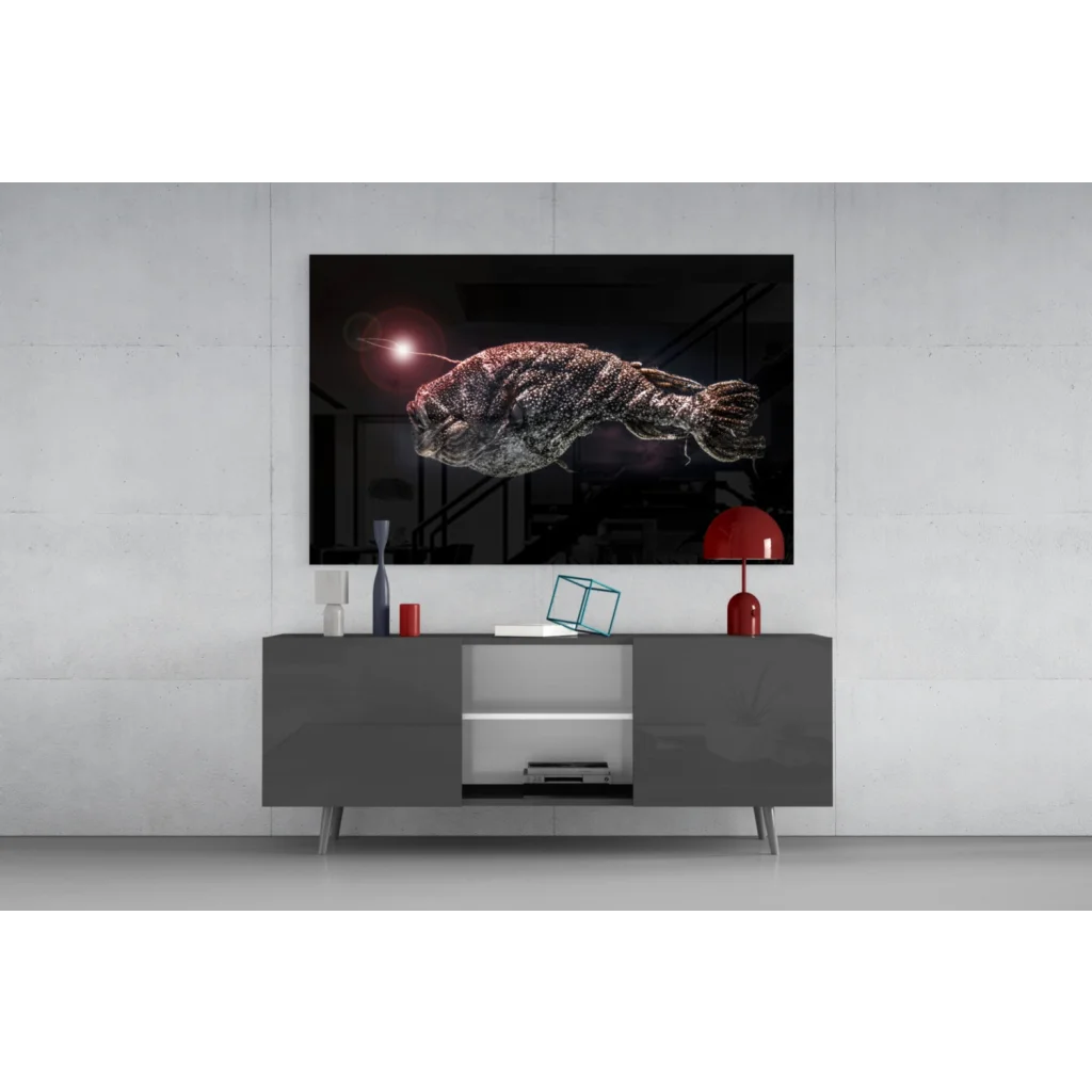 Sleek gray console table under Glowing Anglerfish glass wall art print