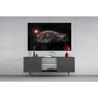 Sleek gray console table under Glowing Anglerfish glass wall art print