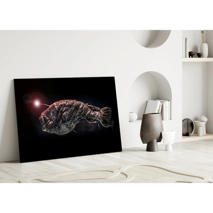 Glowing anglerfish deep sea canvas wall art with textured red silver scales