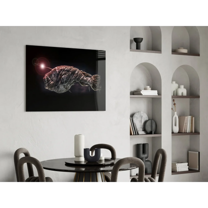Glowing anglerfish deep sea canvas wall art print with bioluminescent red silver fish