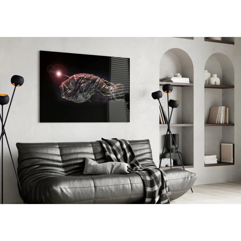 Glowing anglerfish deep sea wall art canvas print with black frame