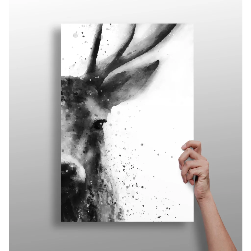 Black and white watercolor deer head on insigne aluminum prints