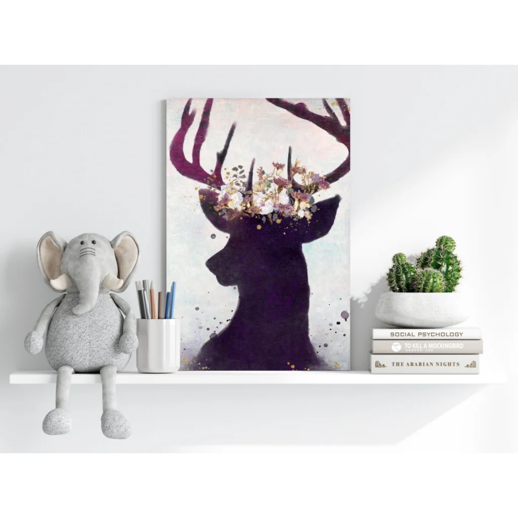 16x11 inch Insigne aluminum print of deer silhouette with magenta floral antlers