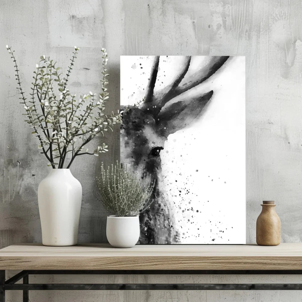 Black and white deer head watercolor on insigne aluminum prints