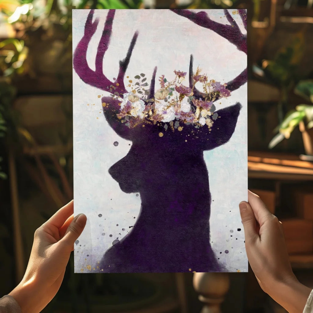 Purple deer silhouette on insigne aluminum print with floral crown and gold splatters