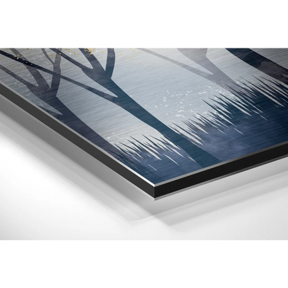 Brushed aluminium dibond forest deer wall art in blue black abstract scene