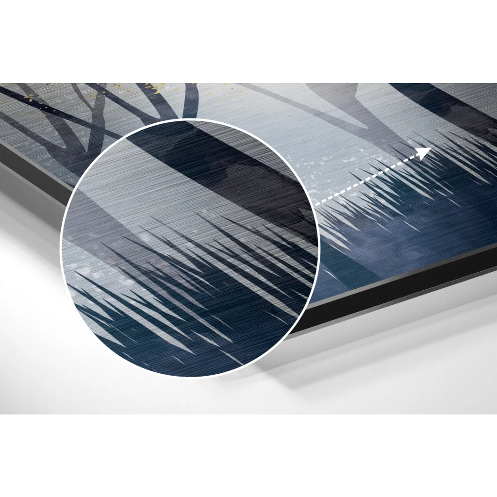 Brushed aluminium dibond forest deer wall art in navy silver tones