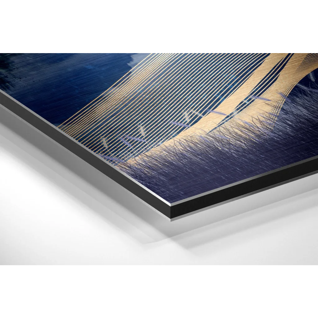 Stunning brushed aluminium dibond print with navy blue and golden-yellow abstract stripes