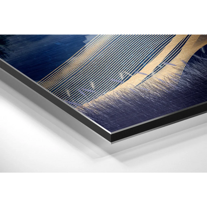 Stunning brushed aluminium dibond print with navy blue and golden-yellow abstract stripes