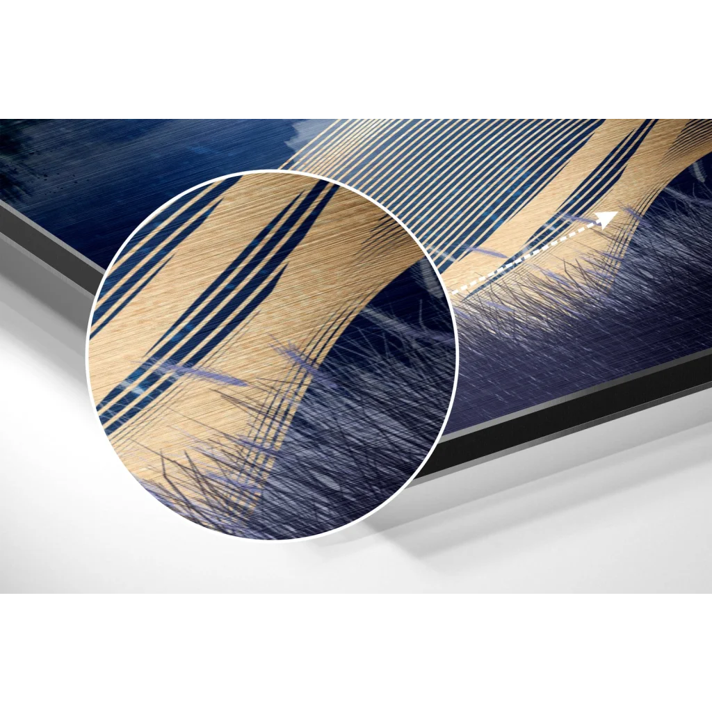 Stunning brushed aluminium dibond abstract art print with vibrant blue gold stripes