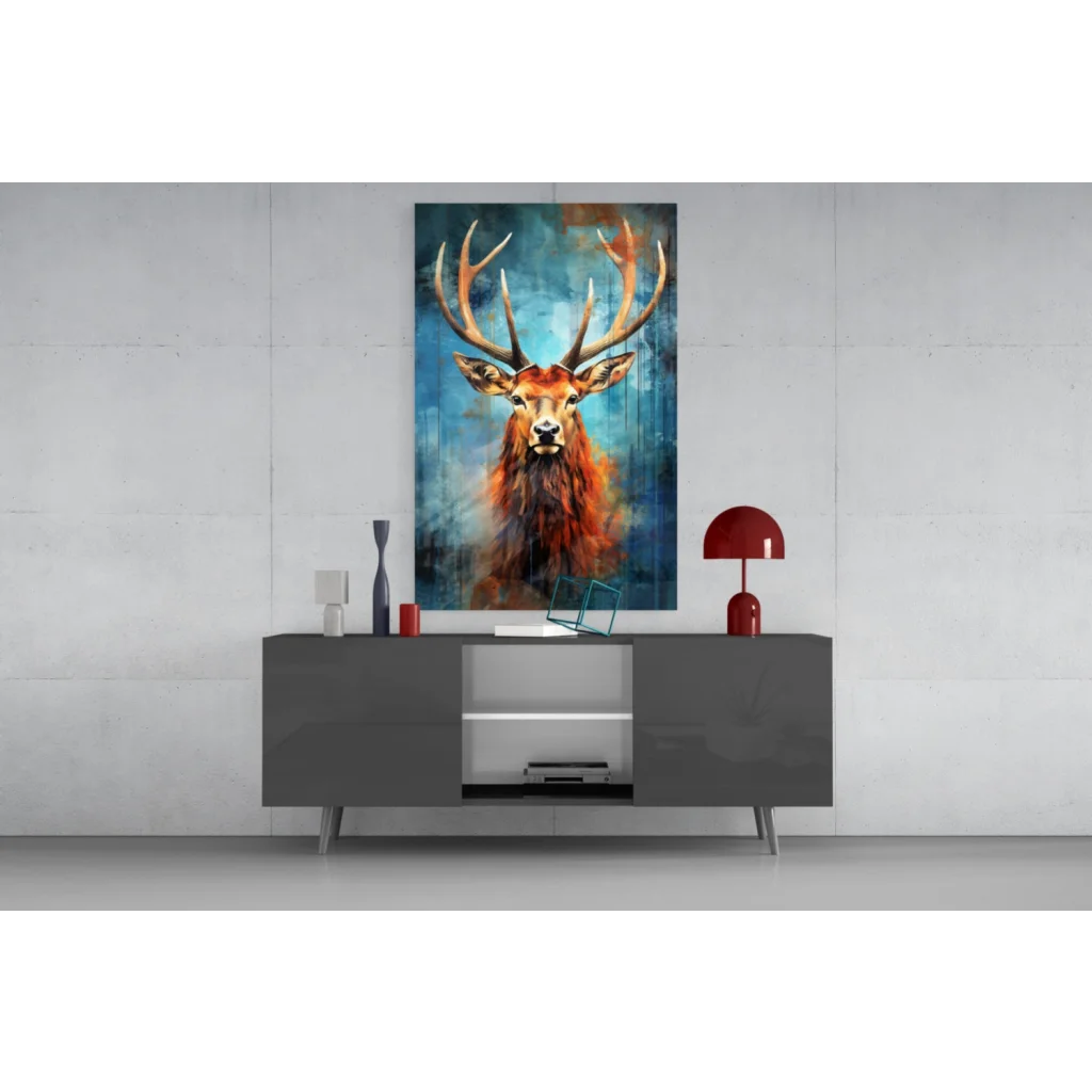 Majestic stag glass wall art with vibrant orange fur on blue background