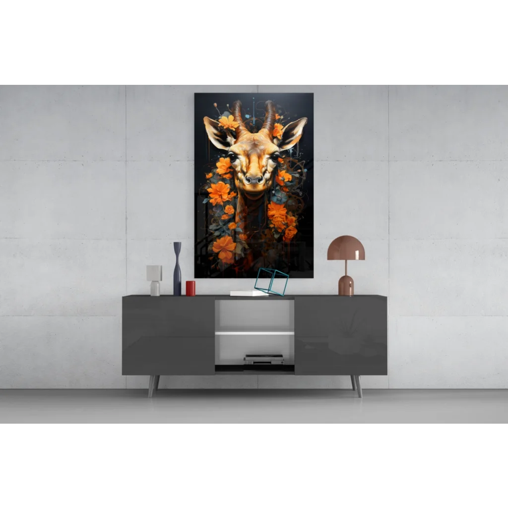 Vibrant gazelle head with orange flowers in giraffe floral glass wall art print