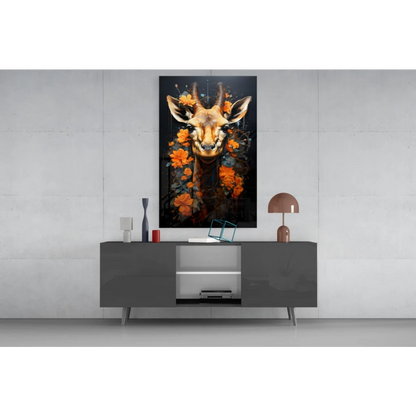 Vibrant gazelle head with orange flowers in giraffe floral glass wall art print