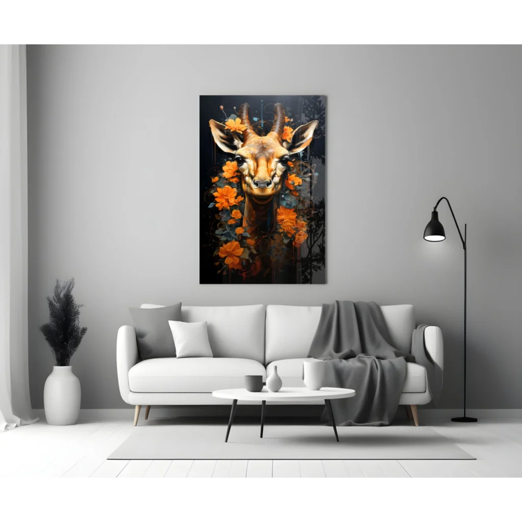 Giraffe with orange flowers glass wall art canvas print