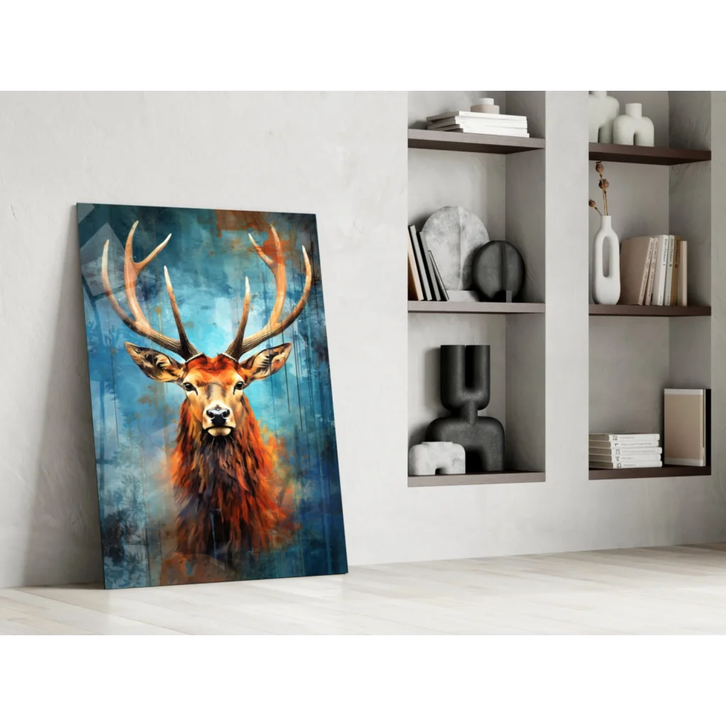 Majestic stag glass wall art with vibrant orange fur on blue background