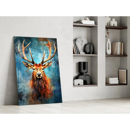 Majestic stag glass wall art with vibrant orange fur on blue background