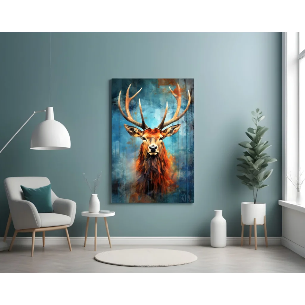 Majestic stag glass wall art in vibrant orange and blue
