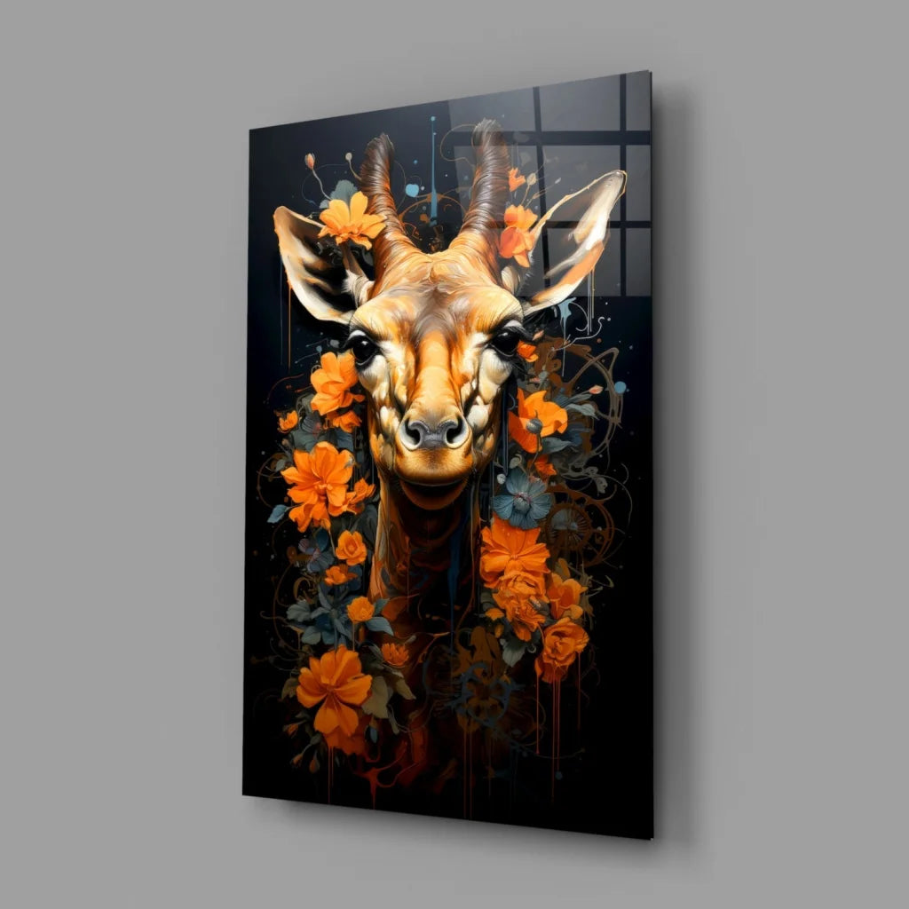 Vibrant giraffe floral glass wall art canvas print