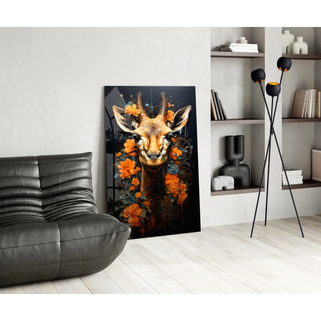 Stylized giraffe with orange flowers in glass wall art canvas print