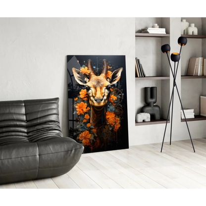 Stylized giraffe with orange flowers in glass wall art canvas print