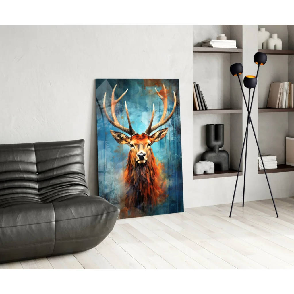 Majestic stag glass wall art in vibrant orange and blue