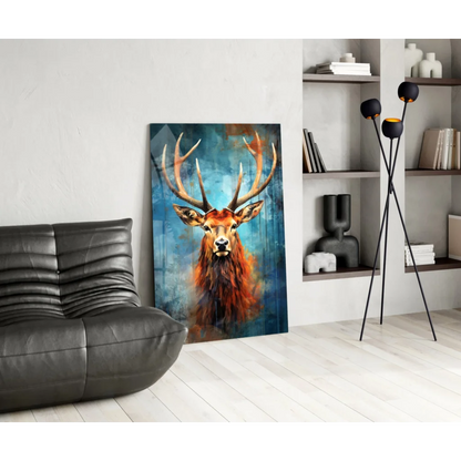 Majestic stag glass wall art in vibrant orange and blue