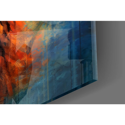 Majestic stag glass wall art in vibrant orange and blue