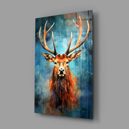 Majestic stag glass wall art in vibrant orange and blue