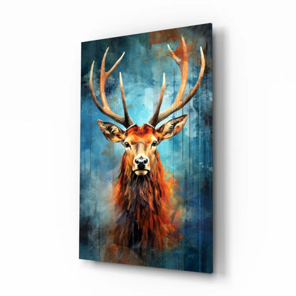 Majestic stag glass wall art in vibrant orange and blue
