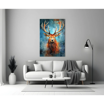Majestic stag glass wall art in vibrant orange and blue