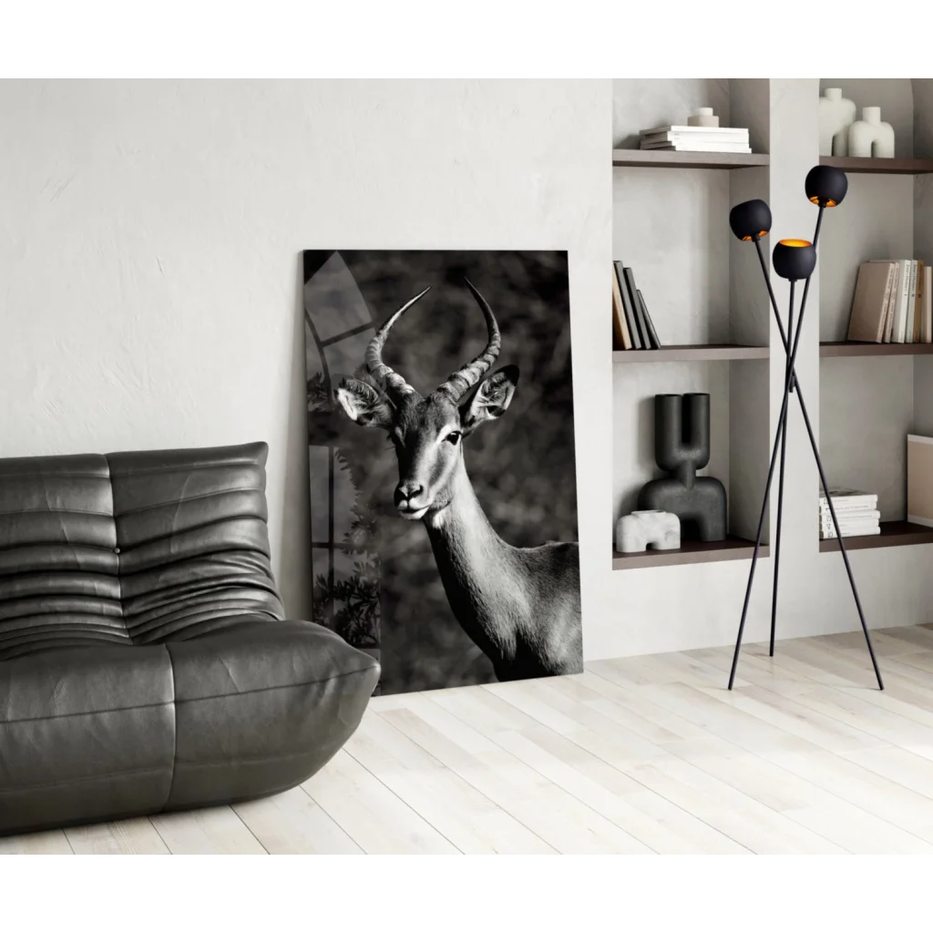 Stunning black-and-white impala glass wall art with prominent horns