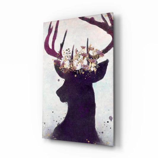 Majestic purple deer floral crown wall art canvas print