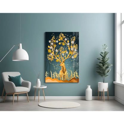 Golden deer blossom canvas wall art with teal background