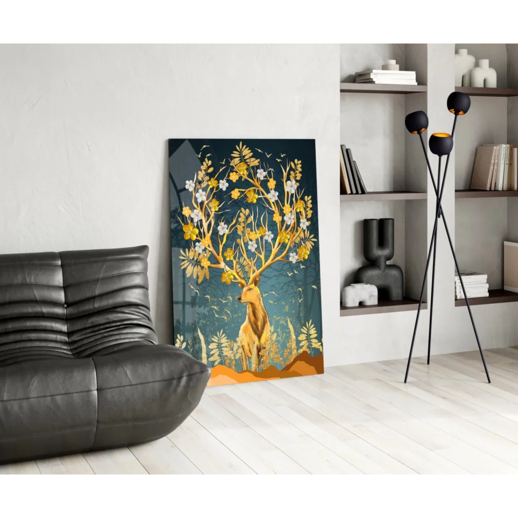 Golden deer blossom wall art canvas print with navy background