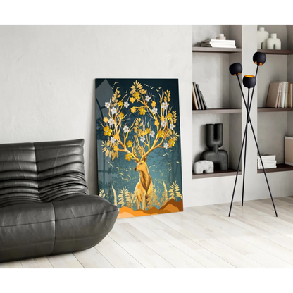 Golden deer blossom wall art canvas print with navy background