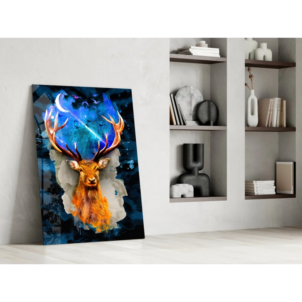 Glowing cosmic deer glass wall art with orange antlers on blue background