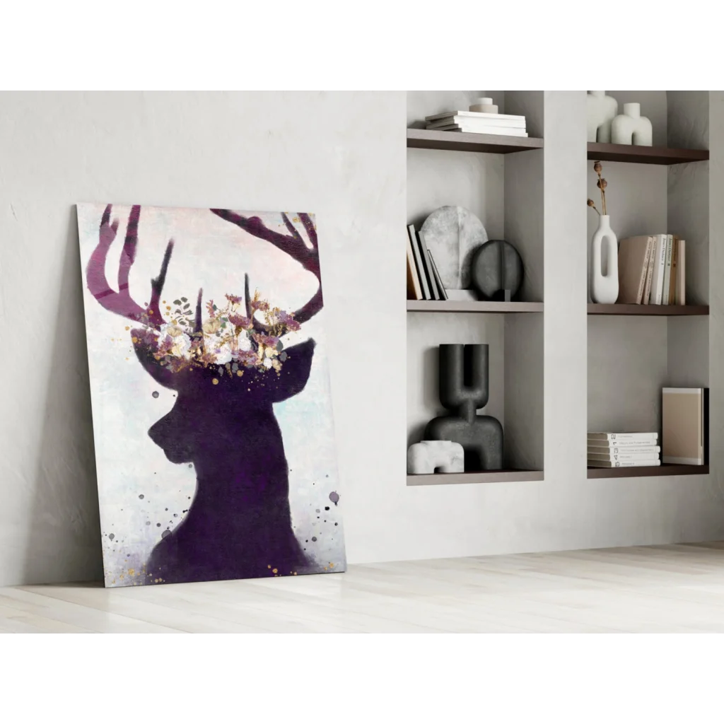 Majestic purple deer floral crown wall art canvas print