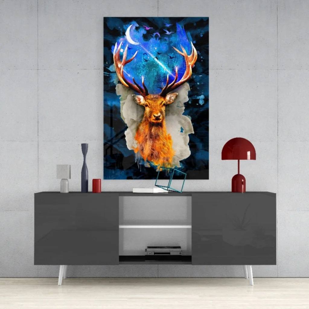 Stylized cosmic deer glass wall art with glowing fiery antlers