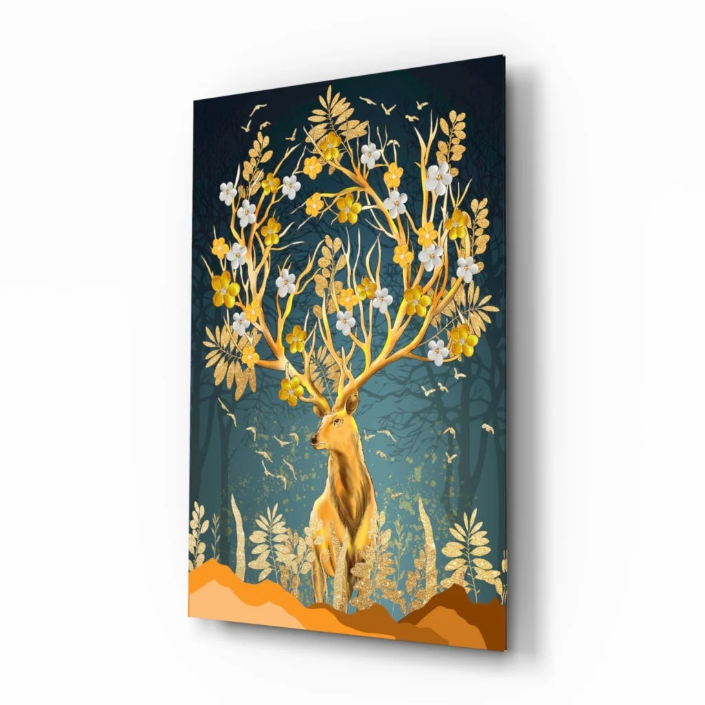 Golden deer blossom wall art canvas print with teal background