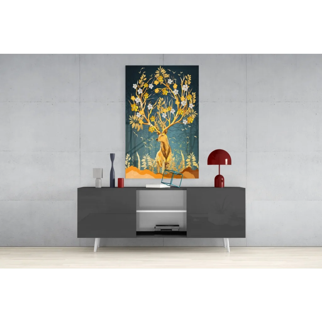 Golden deer blossom canvas wall art on teal background