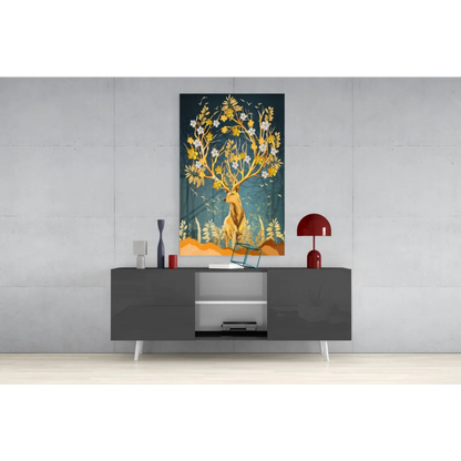 Golden deer blossom canvas wall art on teal background