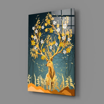 Golden deer blossom canvas wall art with teal background