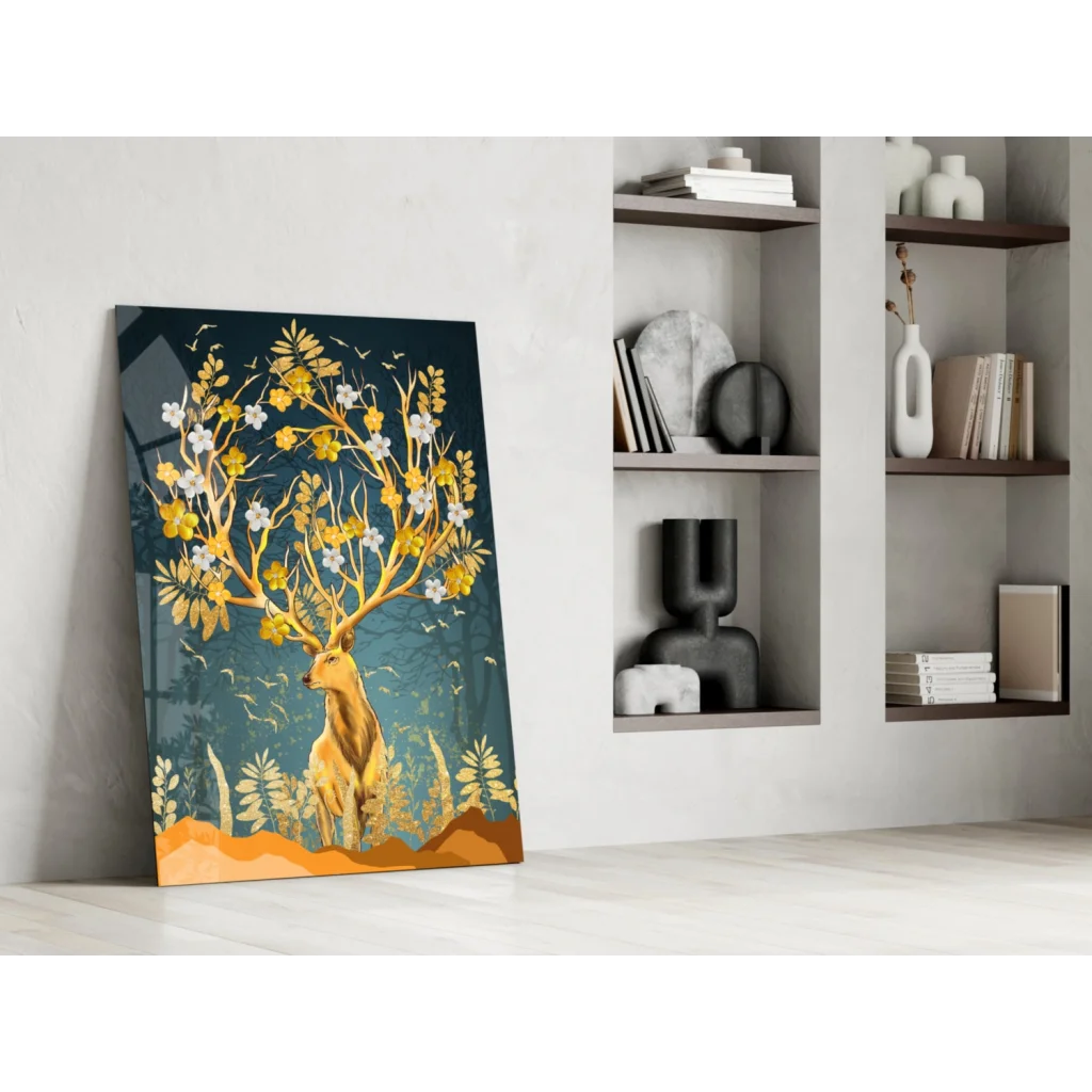 Golden deer blossom canvas wall art with teal background