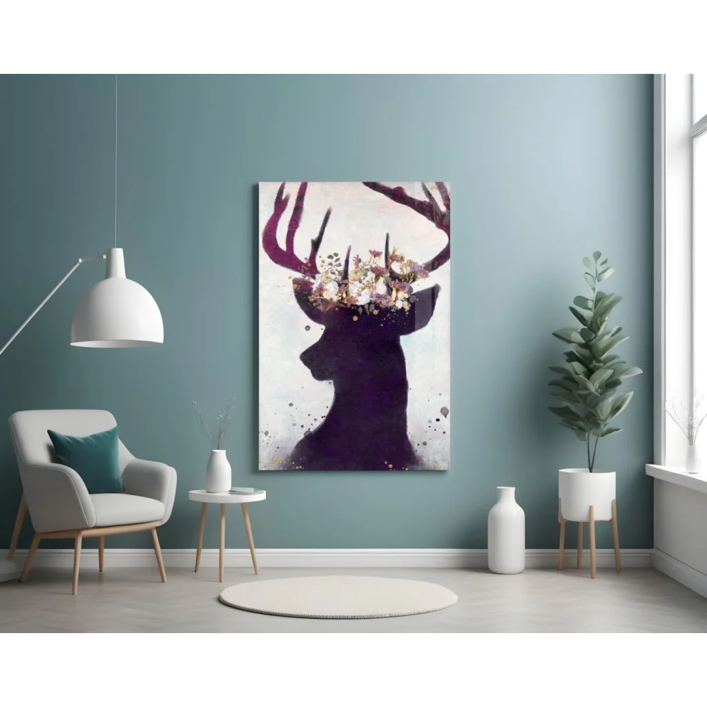 Majestic purple deer floral crown wall art canvas print