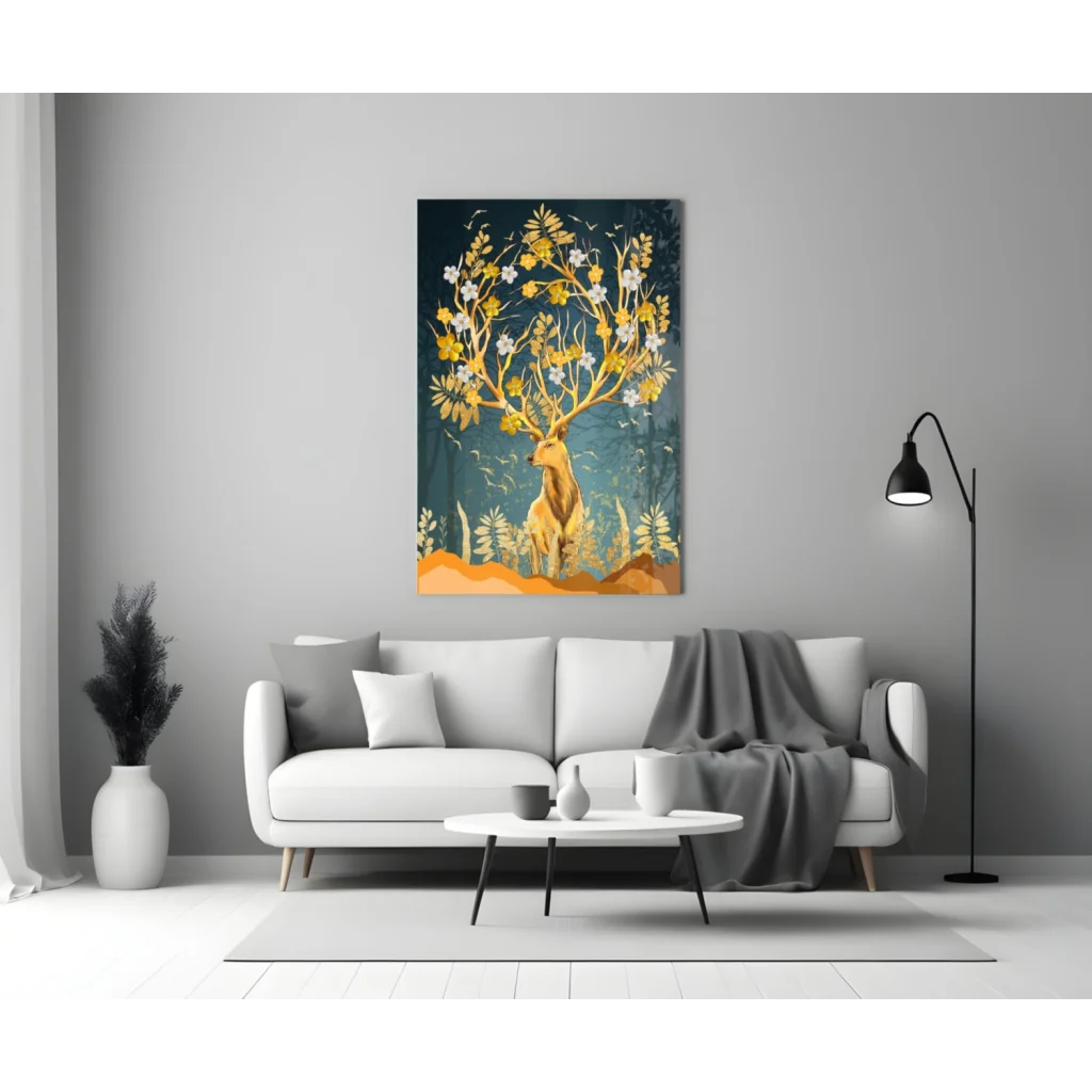 Golden deer blossom wall art canvas print with teal background