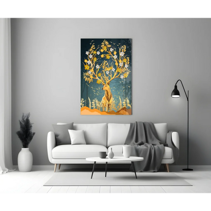 Golden deer blossom wall art canvas print with teal background