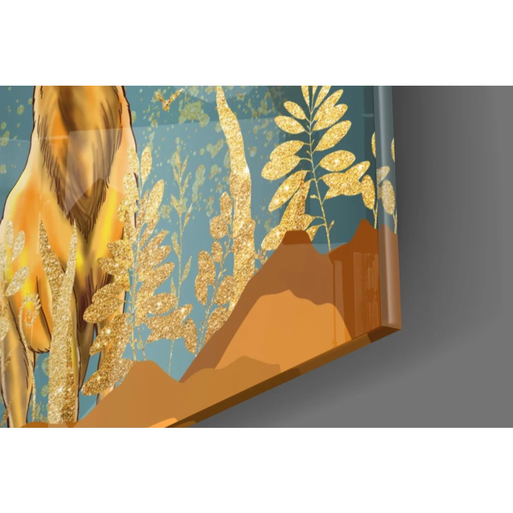 Golden lion wall art canvas with teal background and glittery foliage