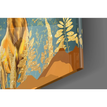 Golden lion wall art canvas with teal background and glittery foliage