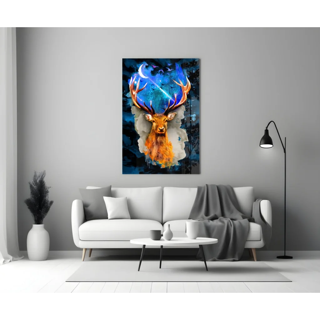 Vibrant cosmic deer glass wall art with glowing orange blue antlers