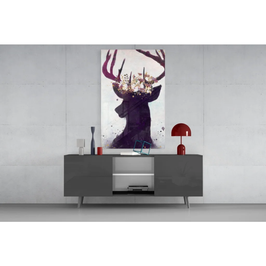 Majestic purple deer floral crown wall art canvas print